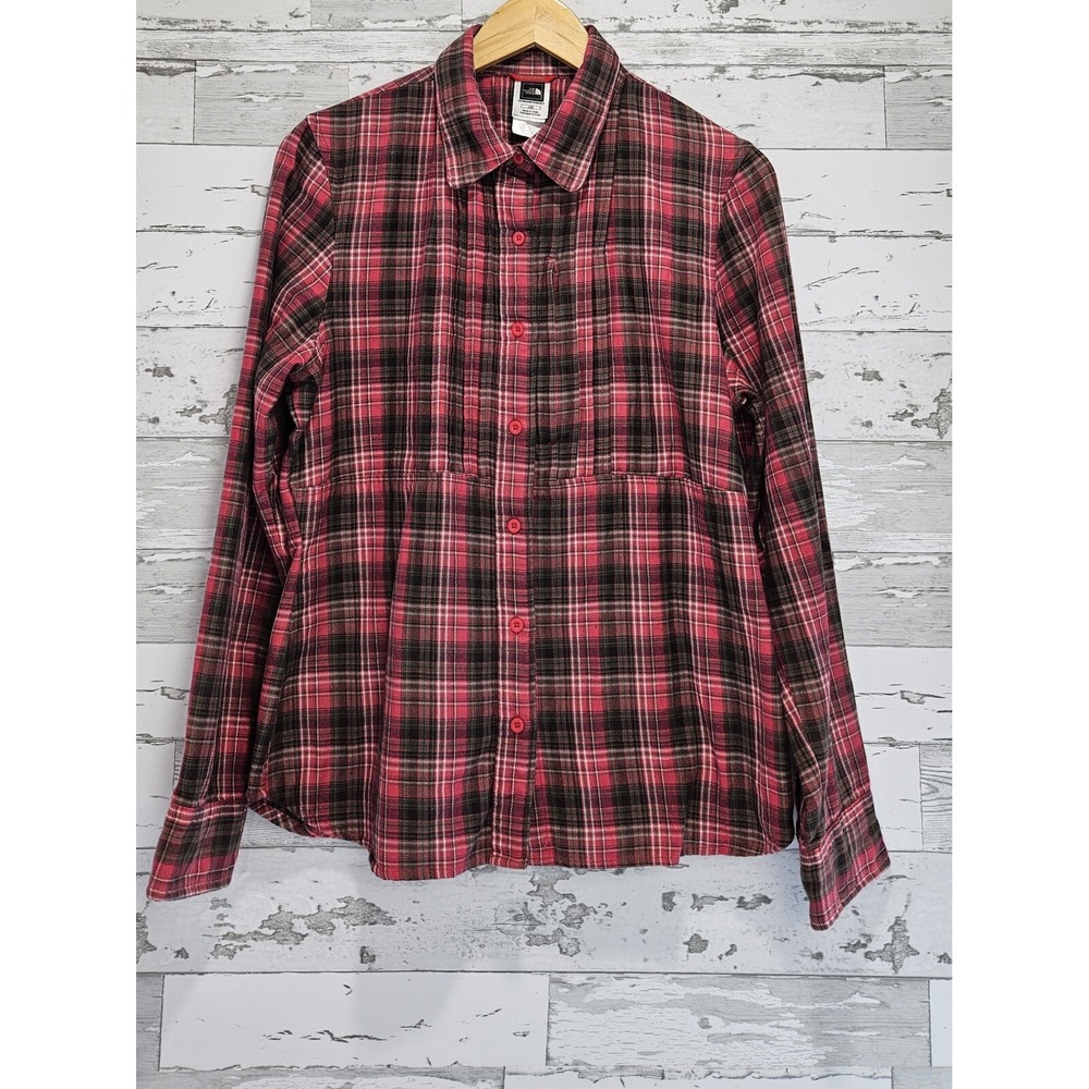 The North Face Womens Red Black Plaid Button Down Shirt Coolvision Large Zip Pkt